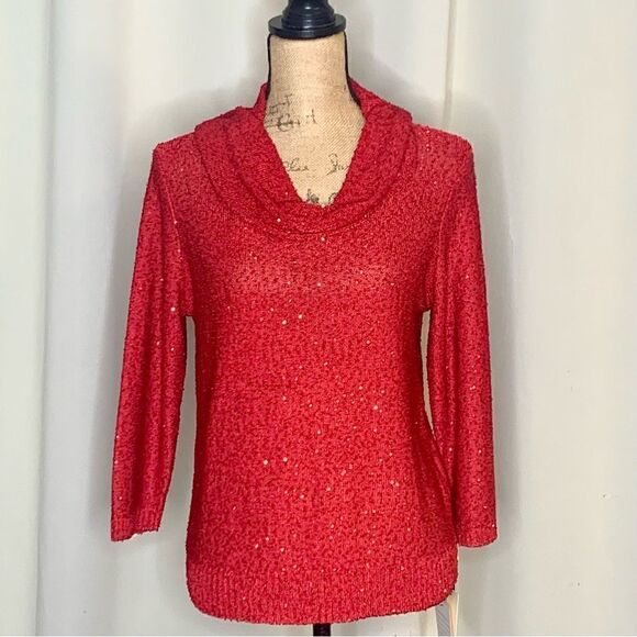 Emaline Petite Sparkly Red Cowlneck Sweater NWT - Picture 1 of 12